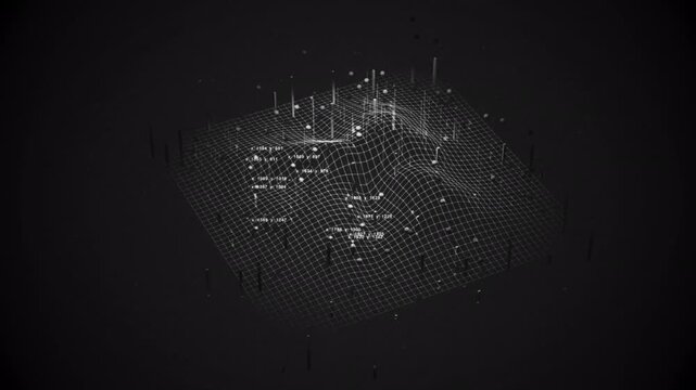 Isometric 3D grid terrain with coordinates and particle data points in black and white, abstract data visualization for AI and cybersecurity interface design