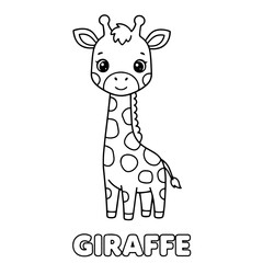 Cute Giraffe Standing Forward,Black and White Cartoon Illustration