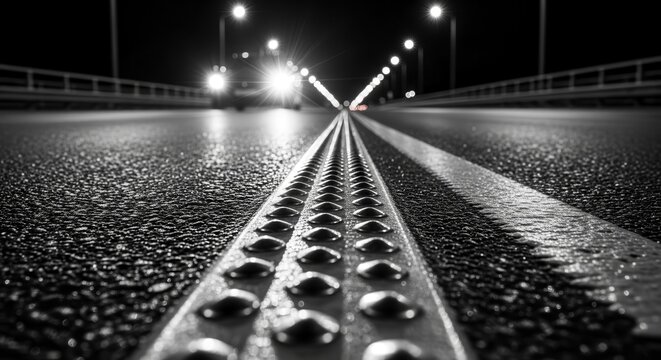 Nighttime Road Perspective With Bright Lights Illuminated the Dark Asphalt Road
