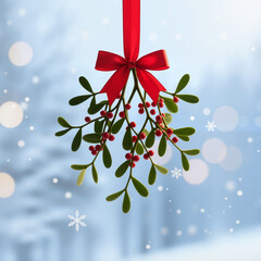 Mistletoe with red ribbon hanging in winter forest background  