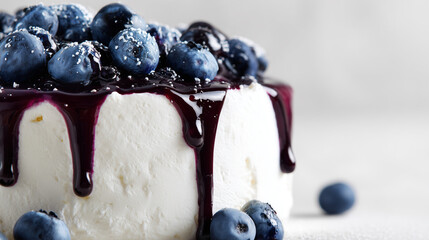 blueberry cake slice closeup with dripping sauce