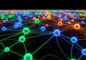 Digital data network: glowing interconnected nodes forming complex tech