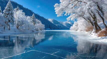 a frozen lake with ice cracks in the foreground, snow-covered trees on both sides of it, and a blue sky above