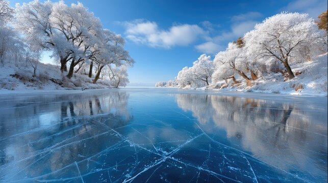 a serene winter landscape with snow-covered trees and an icy lake, capturing the beauty of frost on the ice