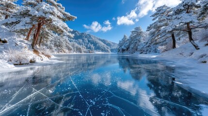 a serene winter landscape with snow-covered trees and an icy lake, capturing the beauty of frost on the ice