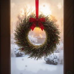 Christmas wreath hanging on door with snowy landscape in background  