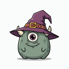 Cute green cyclops monster wearing a witch hat, whimsical cartoon character illustration for Halloween or fantasy themes