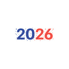 Year 2026 displayed with red and blue numbers, surrounded by sparkling confetti, representing a festive and celebratory atmosphere.