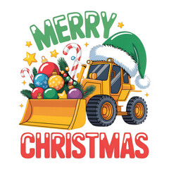 Merry Christmas Construction Vehicle Vector Illustration. Cartoon yellow front loader tractor carrying holiday ornaments in bucket. Cute boys heavy equipment t-shirt print design.