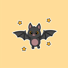 Cute cartoon flying bat with stars illustration. Adorable Halloween character on light yellow background.