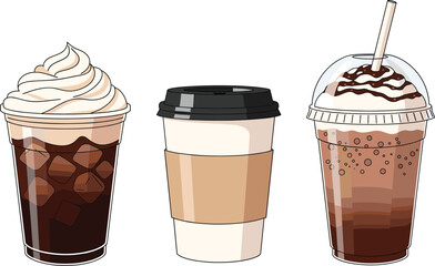 Minimalist Vector Illustration Set of Cold Coffee Drinks, Featuring Iced Latte with Cream, Disposable Takeaway Cup, and Blended Frappuccino with Chocolate Drizzle.