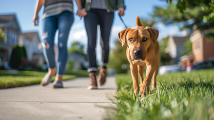 A couple walking a dog in a nice neighborhood