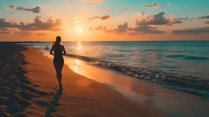 Silhouette of a woman jogging on the sand at the beach at sunset