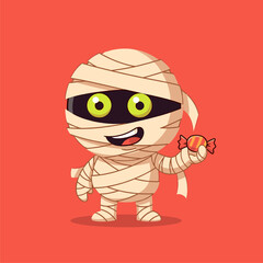 Adorable cartoon mummy character offering candy, Halloween illustration