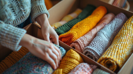 woman packing handmade knitwear in a box, handmade e-commerce concept