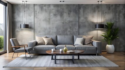 The image shows a modern living room with a grey sofa, a wooden table, and a minimalist