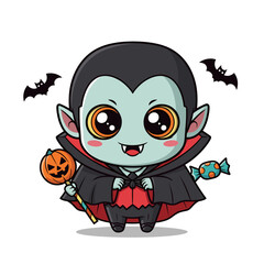 Cute Cartoon Vampire with Pumpkin and Candy for Halloween - Adorable Chibi Character Illustration