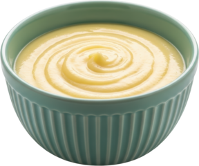 A Swirl Of Creamy Yellow Custard Fills A Light Teal Ribbed Bowl Presenting A Smooth And Inviting Texture Against A Transparent Background Food Dessert Sweet