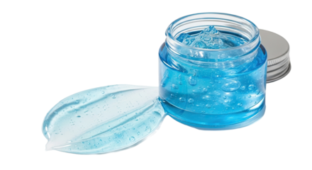 Blue tinted jar packaging with hydrating gel smear on white 