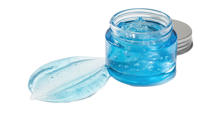 Blue tinted jar packaging with hydrating gel smear on white 