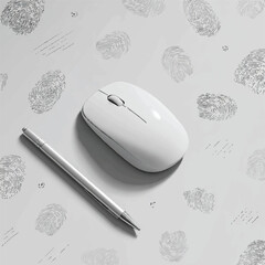 Minimalist workspace with white mouse and silver pen on fingerprint background