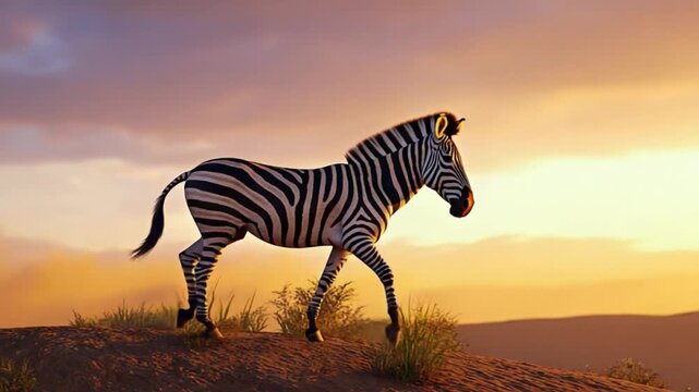 Zebra standing on a hill with grass at sunset in the african savanna landscape scene view zebra video