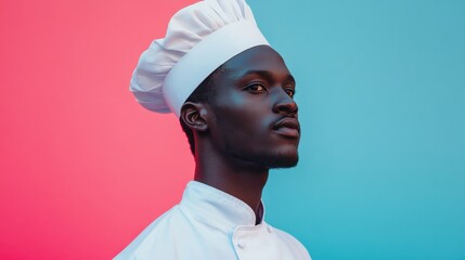 minimalistic portrait of confident chef with soft lighting, clean backdrop
