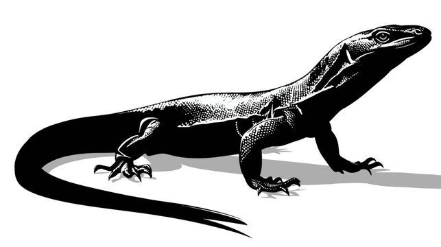 Detailed black and white illustration of a lizard in profile, a reptile animal with scales, presented as a high-contrast vector graphic.