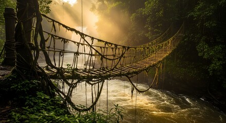 Suspension bridge jungle adventure river nature travel tourism explore