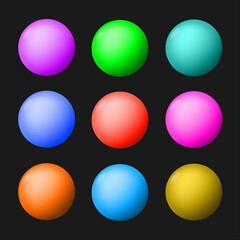 Nine magical multi-colored bright balls on a black background vector object set magic ball