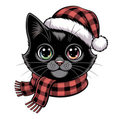 Cute Black Cat Wearing Santa Hat and Red Plaid Scarf Vector Illustration