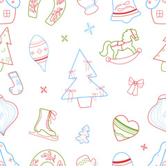 Festive seamless pattern with Christmas toys and decorations in a line-art style. Includes rocking horse, mitten, tree, bells, ornaments. Perfect for holiday wrapping paper, textiles.