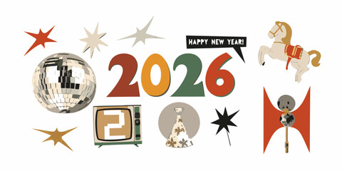 Retro style happy new year 2026 celebration illustration
