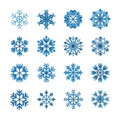 Collection of Blue Watercolor Snowflake Illustrations on White Background.