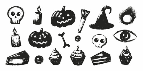 Hand drawn halloween icons in black and white for spooky season