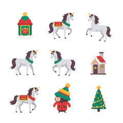 Festive Christmas Unicorns and Holiday Decorations Illustration.