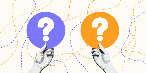 Hands holding question marks on colorful circles with dotted background