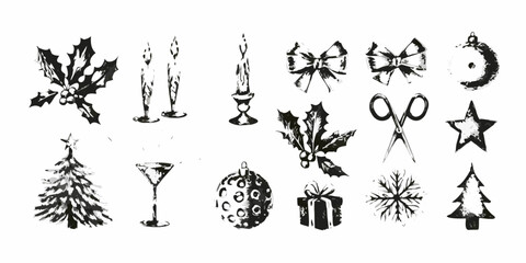 Black and white christmas icons in grunge style isolated on white