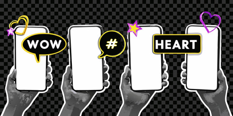 Hands holding phones with social media icons and speech bubbles