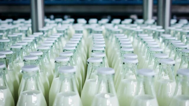 Milk bottles on dairy factory production line, industrial food processing concept. Fresh pasteurized milk in glass bottles arranged in rows, automated manufacturing plant, hygienic packaging system, b