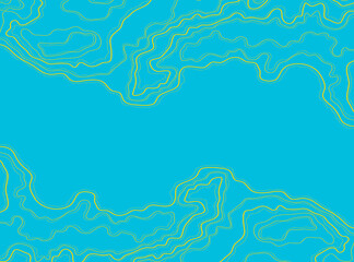 Abstract blue topographical background with yellow lines. Wavy contour lines, minimalism, and geometry. Damask pattern. Topographic background with empty space for text.