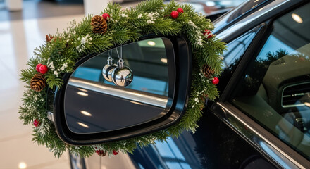 Christmas car showroom with dealership vehicle side mirror decorated with festive wreath and ornaments, reflecting showroom lights and modern interior