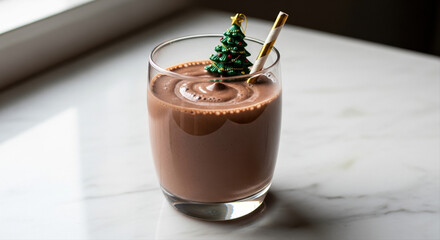 Festive chocolate protein shake with Christmas tree decoration on marble counter, highlighting fitness and nutrition in a cozy holiday atmosphere