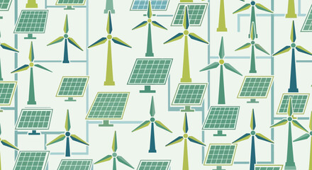 Renewable energy seamless pattern featuring solar panels and wind turbines illustrating