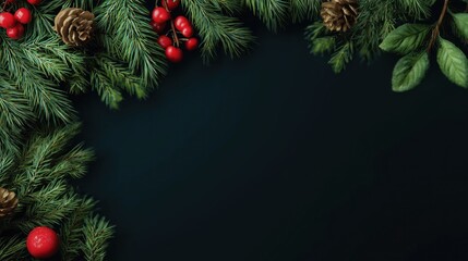 Festive Christmas Decorations with Pine Cones, Red Berries and Green Foliage on Dark Background