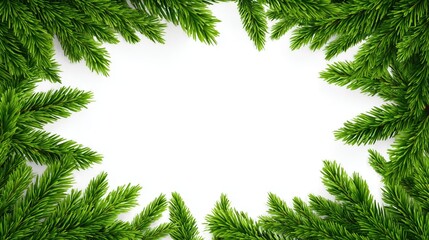 Green Pine Needles Border on White Background for Holiday Decor and Design Projects
