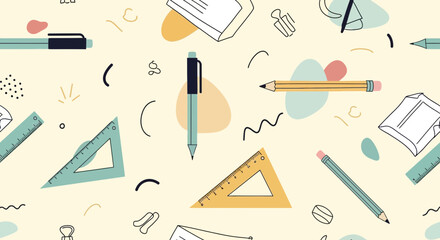 Seamless pattern featuring school supplies and doodles ideal for educational themes and backgrounds