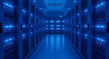 Gleaming blue server racks in a modern data center hallway, representing digital information and technology.