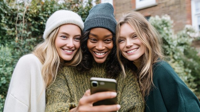 Three happy female friends gather in a lush garden, sharing smiles and laughter as they use a smartphone to capture their joyful moments together