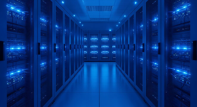 Gleaming blue server racks in a modern data center hallway, representing digital information and technology. - Powered by Adobe